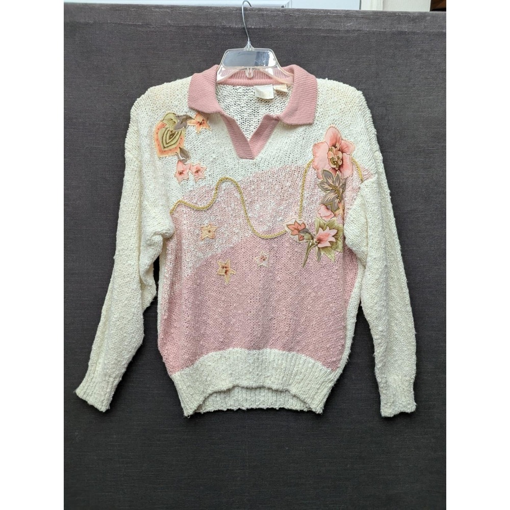 Vintage GrannyCore Sweater Floral Collared Needles & Yarn Coquette Cottage L
